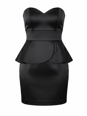 Black satin strapless peplum dress with layers